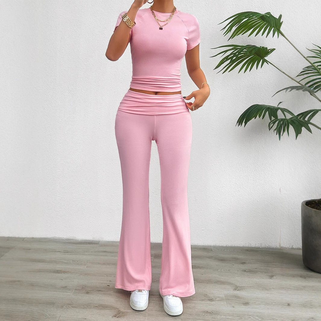 Yoga style solid color short sleeved wide leg pants set