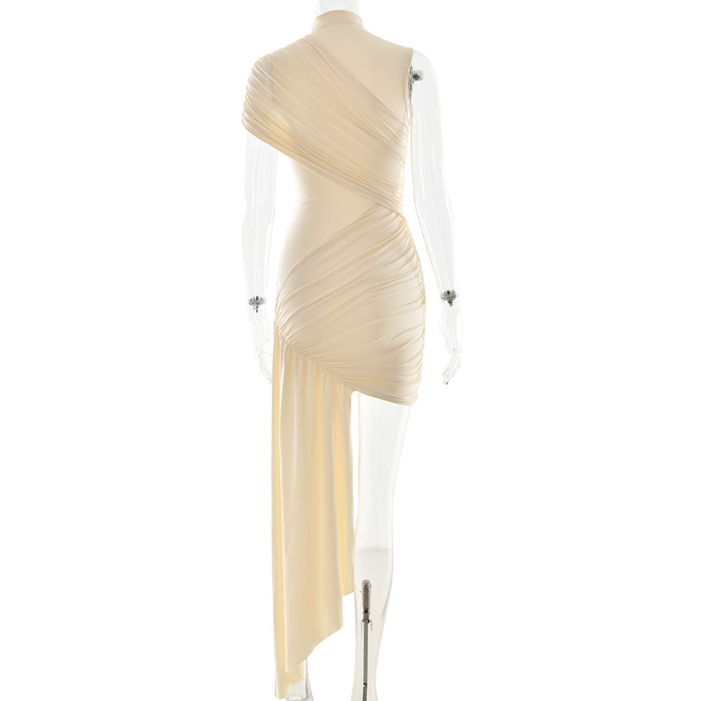 European and American slim fit ribbon dress with round neck pleats irregular hips sleeveless dress