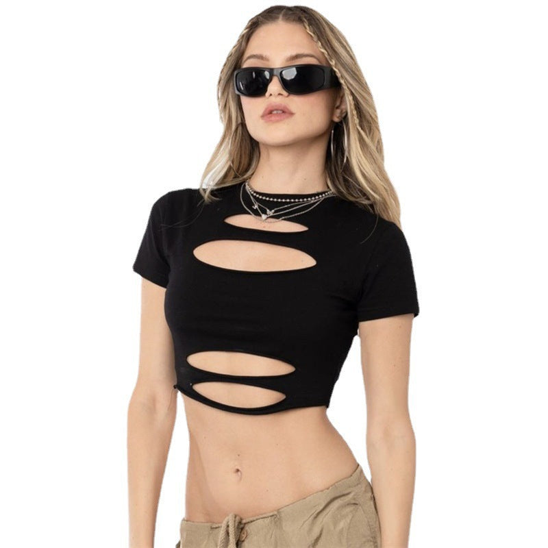 Solid color fashion sexy slim fit short sleeved hollow out short top with exposed navel for women