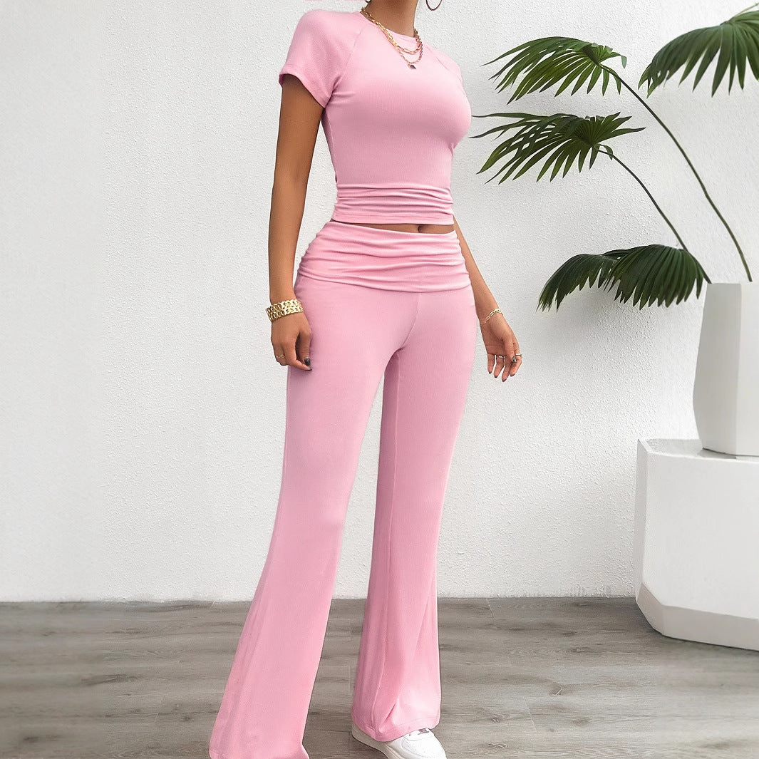 Yoga style solid color short sleeved wide leg pants set