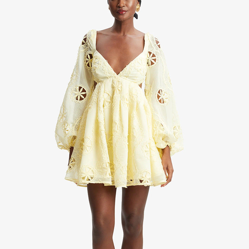 Sexy deep V-neck bubble sleeve solid color short skirt with hollowed out backless design dress for women