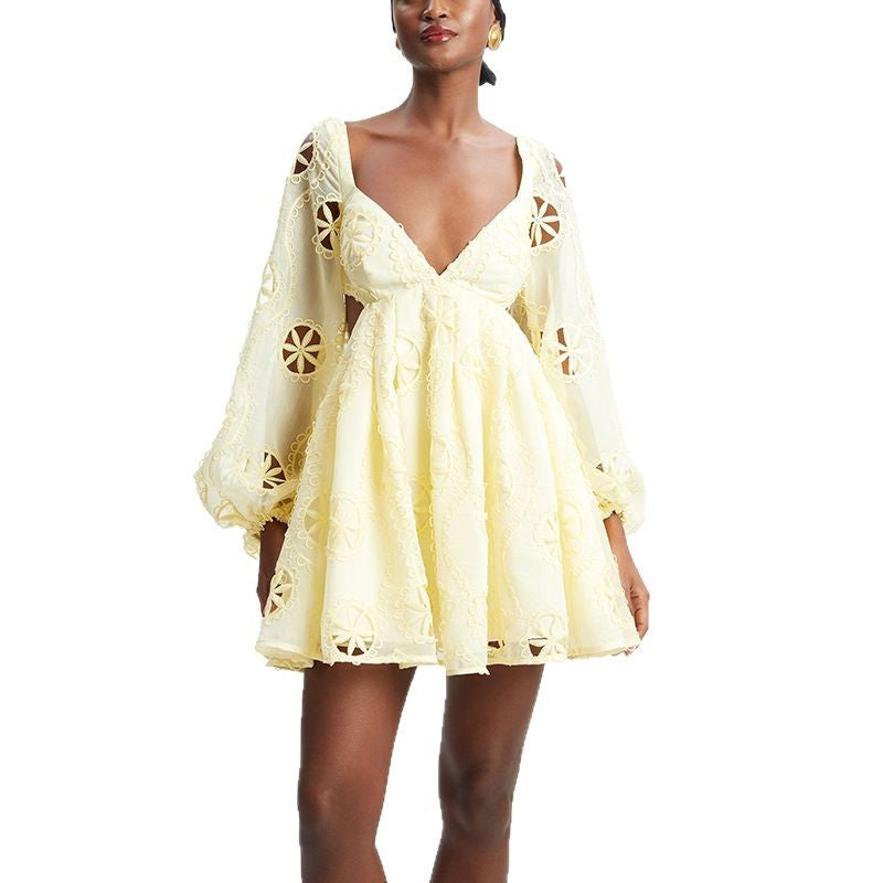 Sexy deep V-neck bubble sleeve solid color short skirt with hollowed out backless design dress for women
