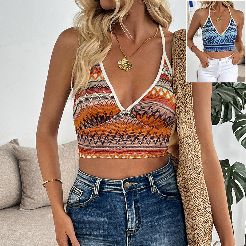 Fashionable geometric striped neck hanging slim fitting camisole vest for women
