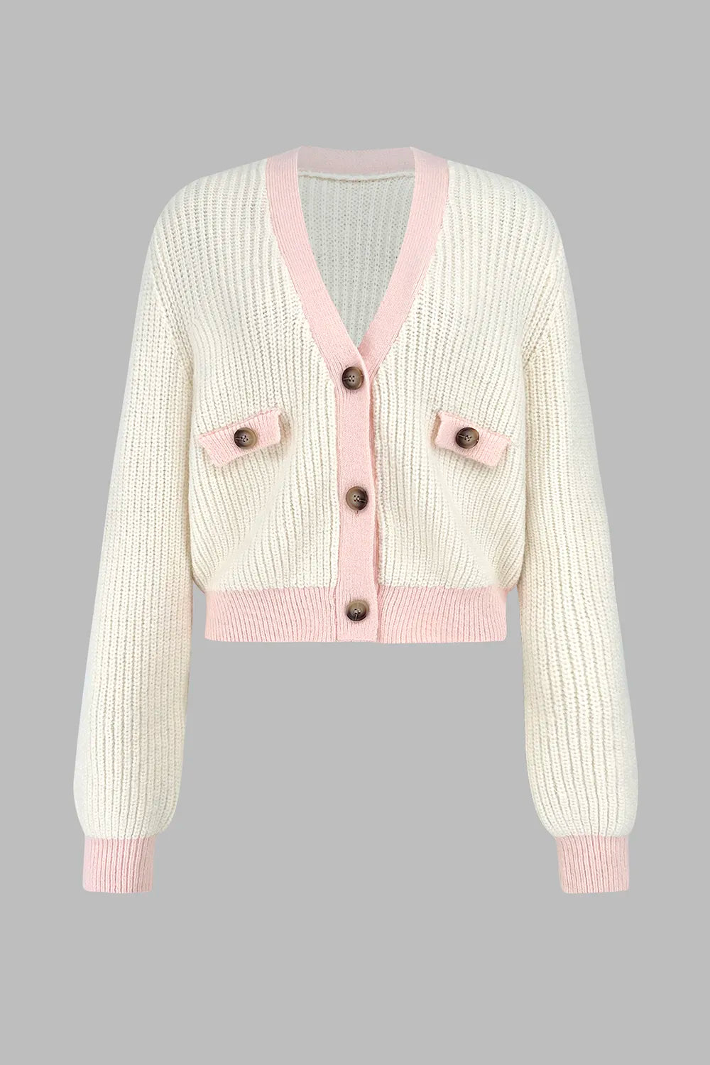Fashionable V-neck fake pocket sweater jacket solid color cardigan