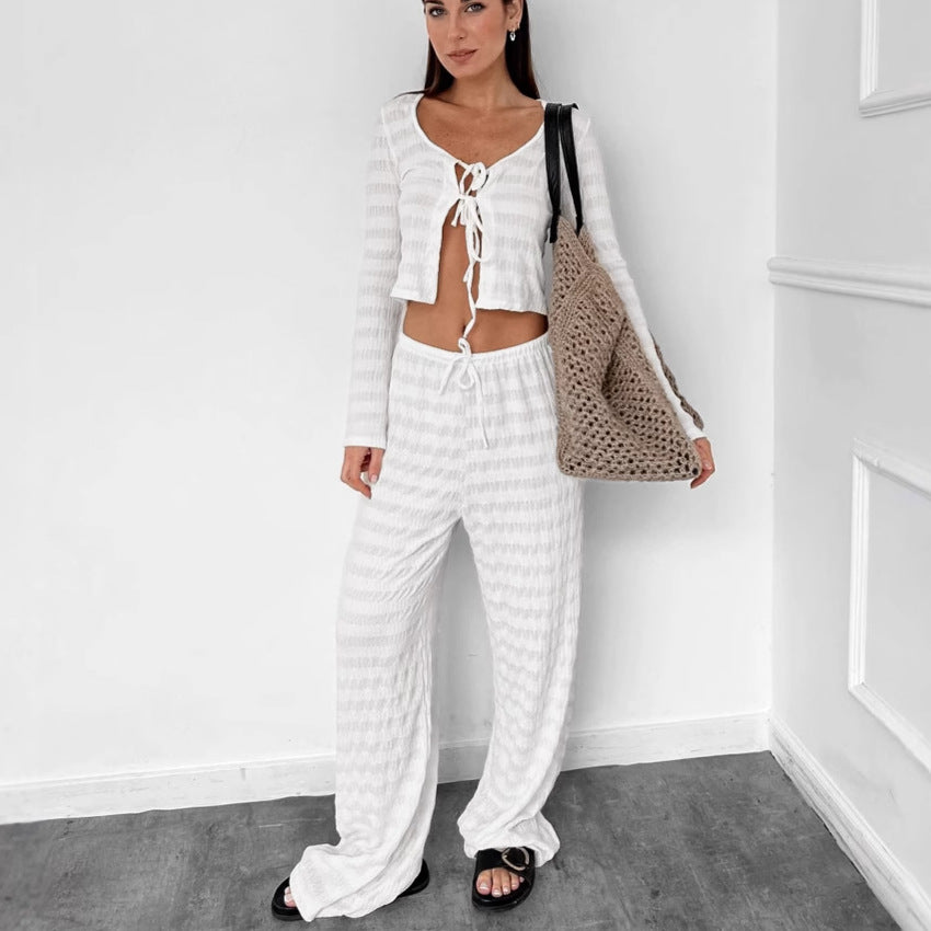 Lace up shirt wide leg pants two-piece set for women