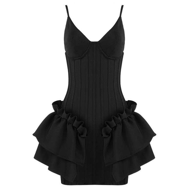 Strap V-neck ruffle edge leak back mini hip hugging dress