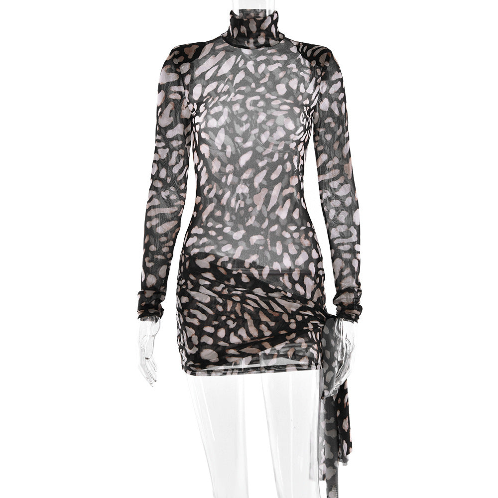 Mesh high neck women's dress sexy long sleeved leopard print strap slim fit hip hugging skirt