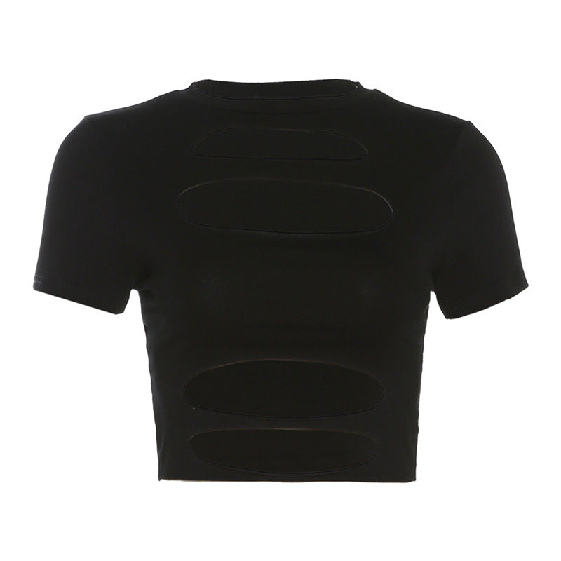Solid color fashion sexy slim fit short sleeved hollow out short top with exposed navel for women