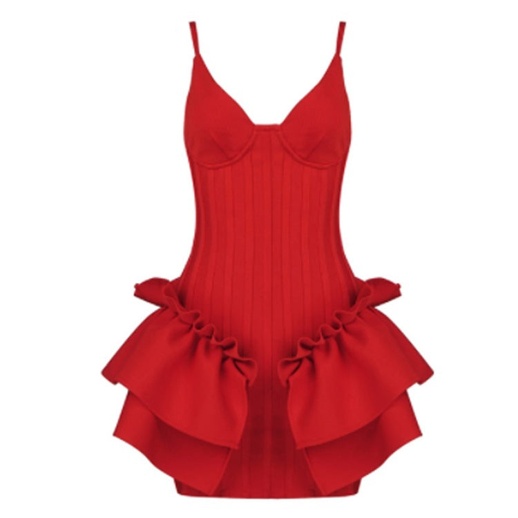 Strap V-neck ruffle edge leak back mini hip hugging dress