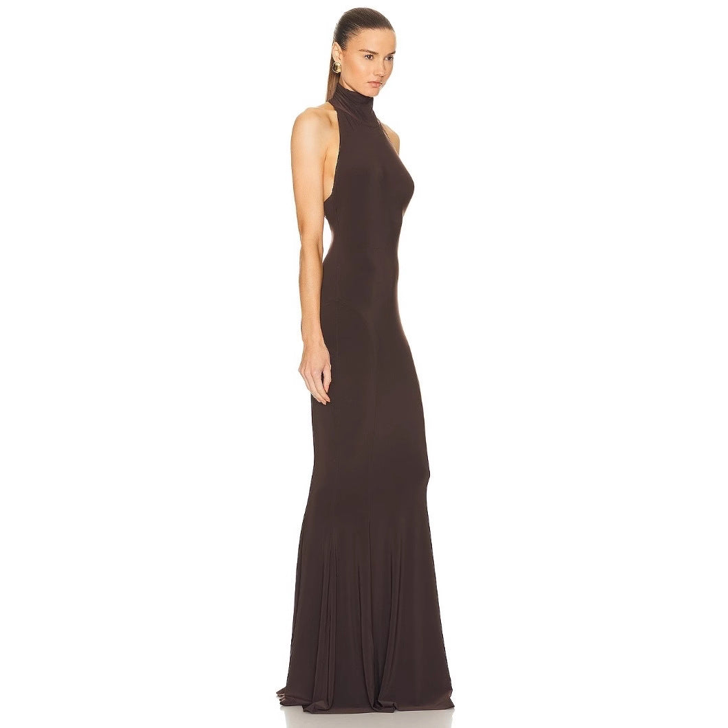 Hanging neck exposed back slim fit fashionable fishtail long dress formal dress
