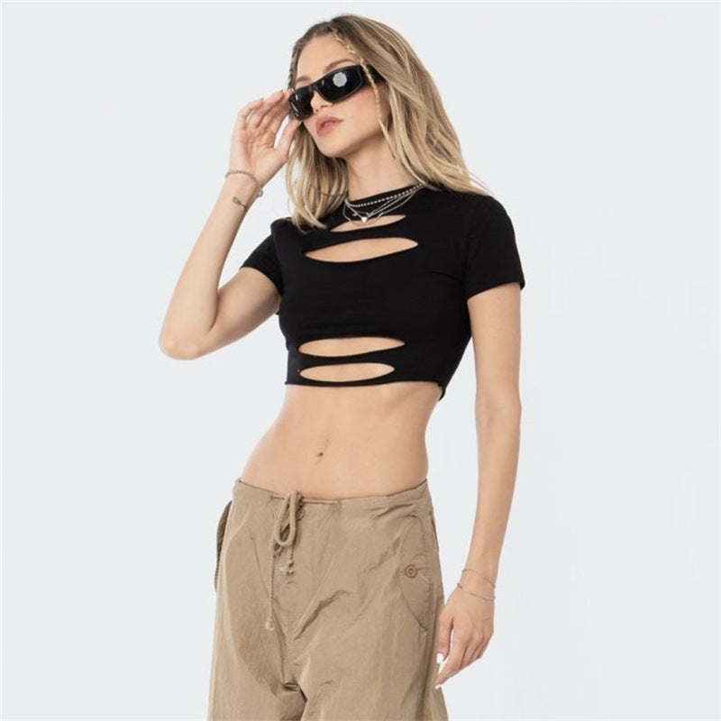 Solid color fashion sexy slim fit short sleeved hollow out short top with exposed navel for women