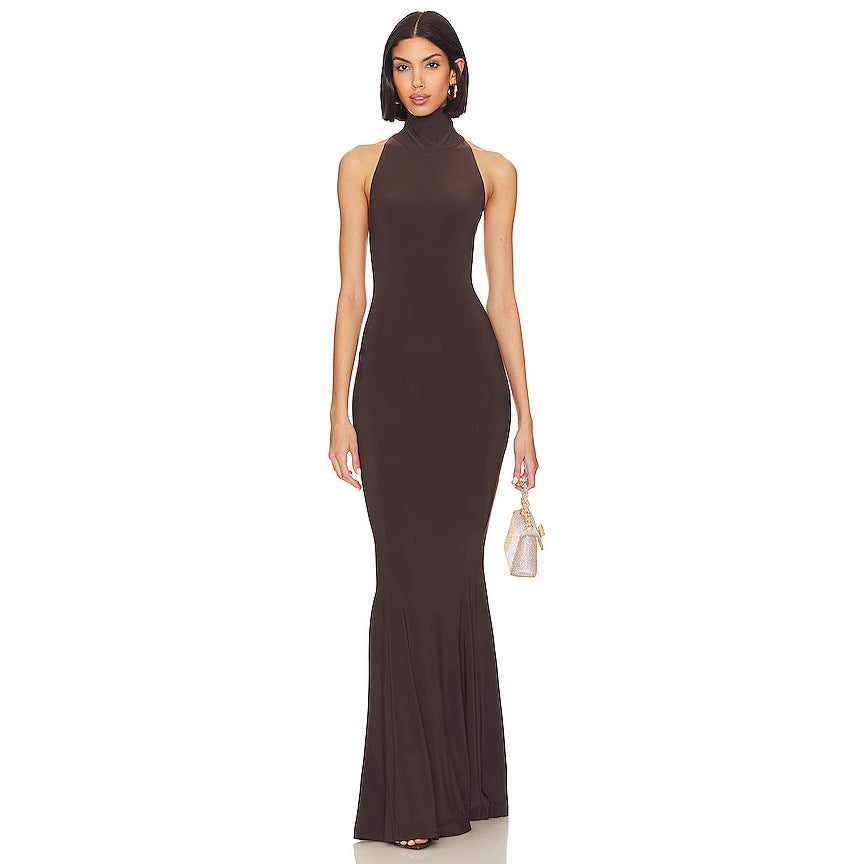 Hanging neck exposed back slim fit fashionable fishtail long dress formal dress