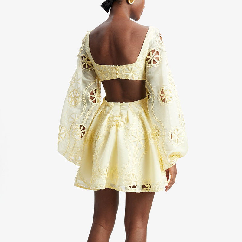 Sexy deep V-neck bubble sleeve solid color short skirt with hollowed out backless design dress for women