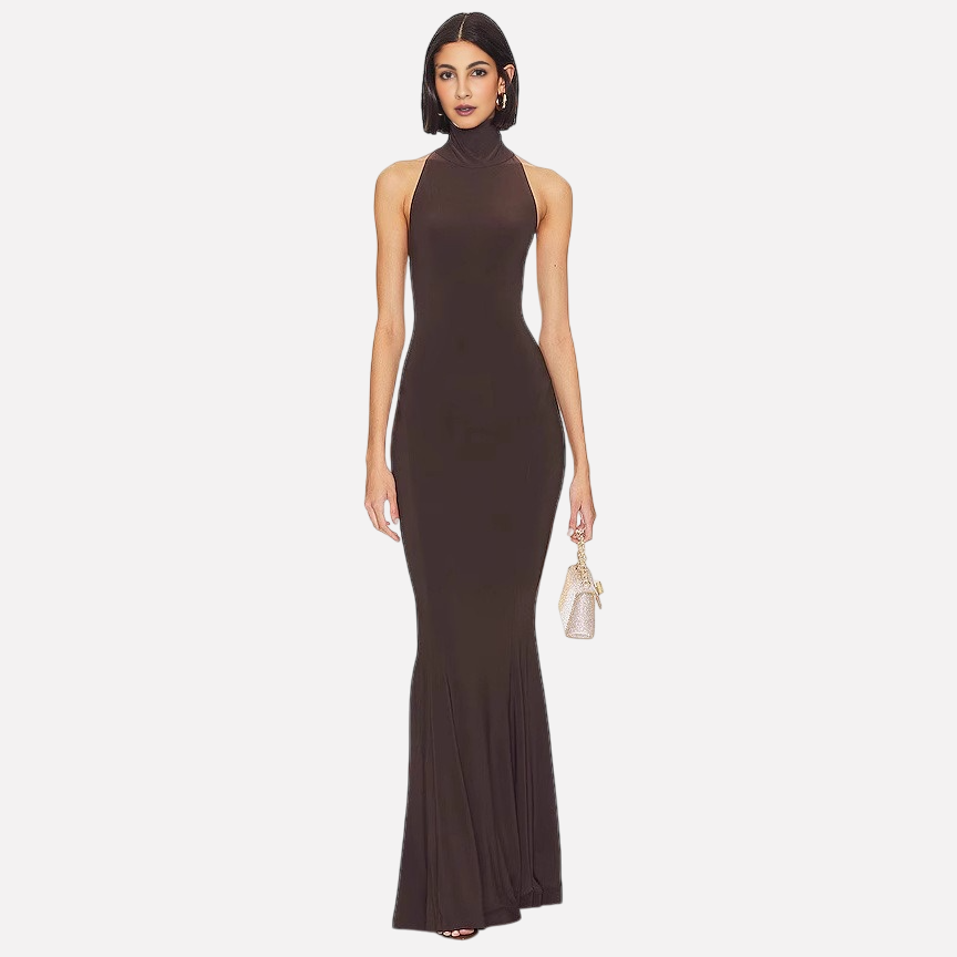 Hanging neck exposed back slim fit fashionable fishtail long dress formal dress