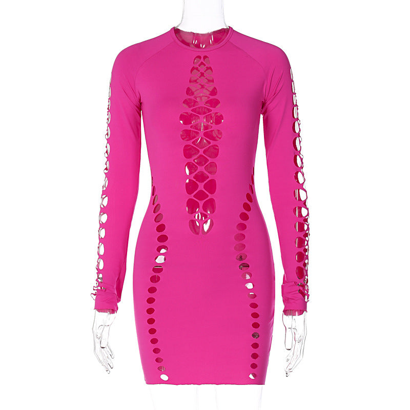 Solid color sexy hollow out long sleeved round neck short fitting dress