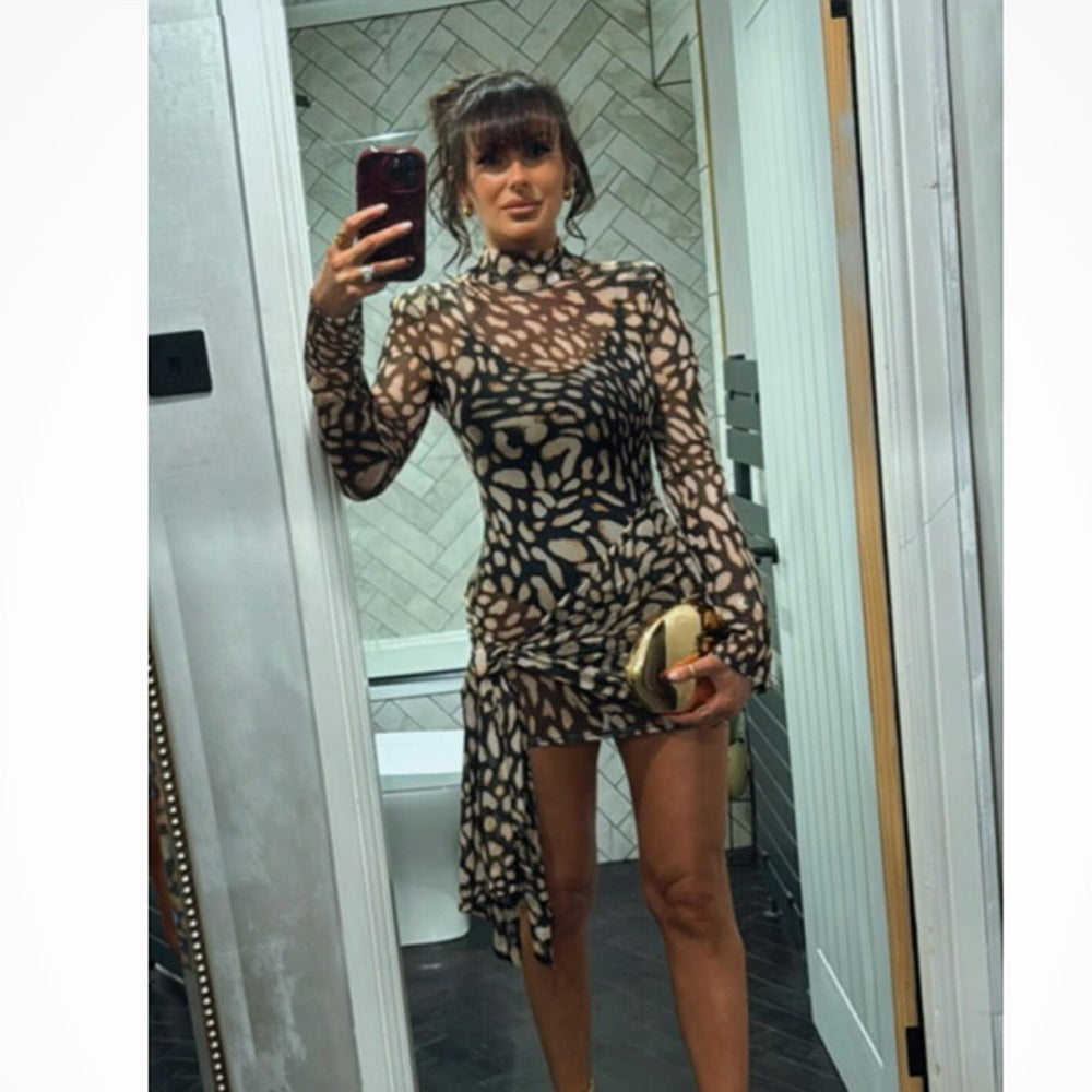 Mesh high neck women's dress sexy long sleeved leopard print strap slim fit hip hugging skirt