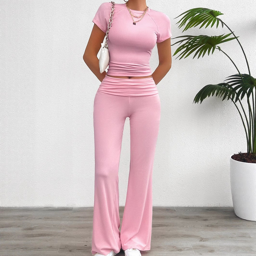 Yoga style solid color short sleeved wide leg pants set