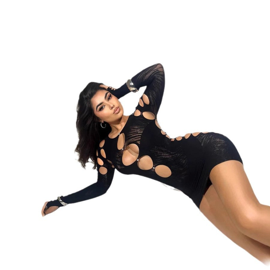 Sexy mesh see through long sleeves hip hugging short skirts tight fitting dresses fashionable women