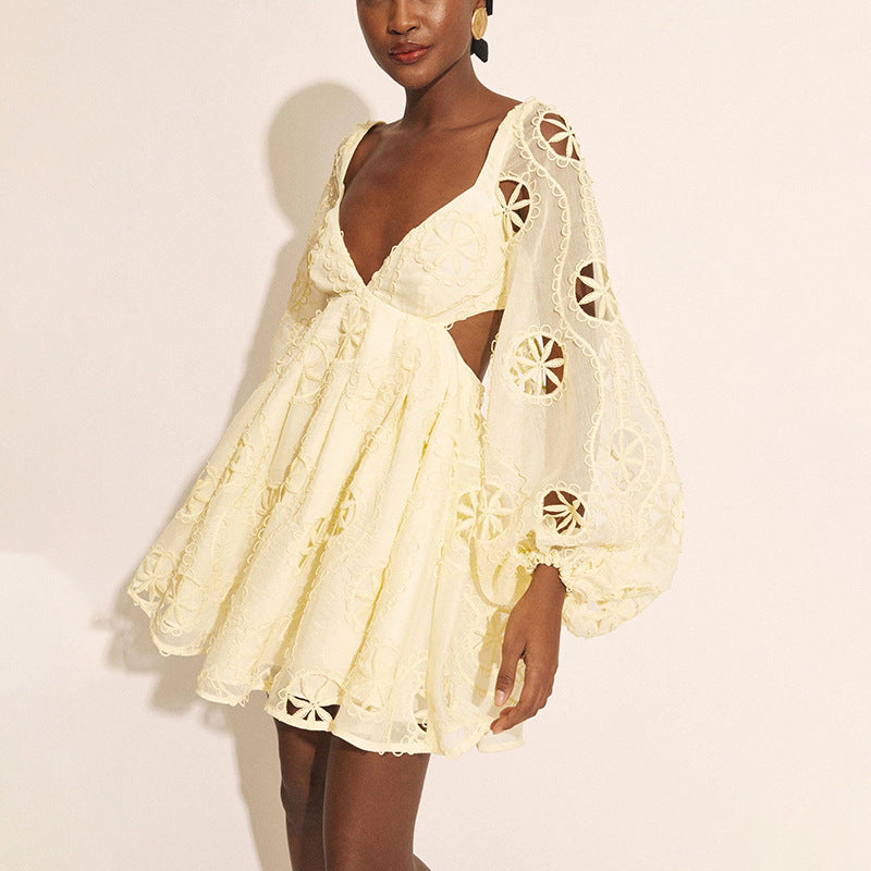 Sexy deep V-neck bubble sleeve solid color short skirt with hollowed out backless design dress for women