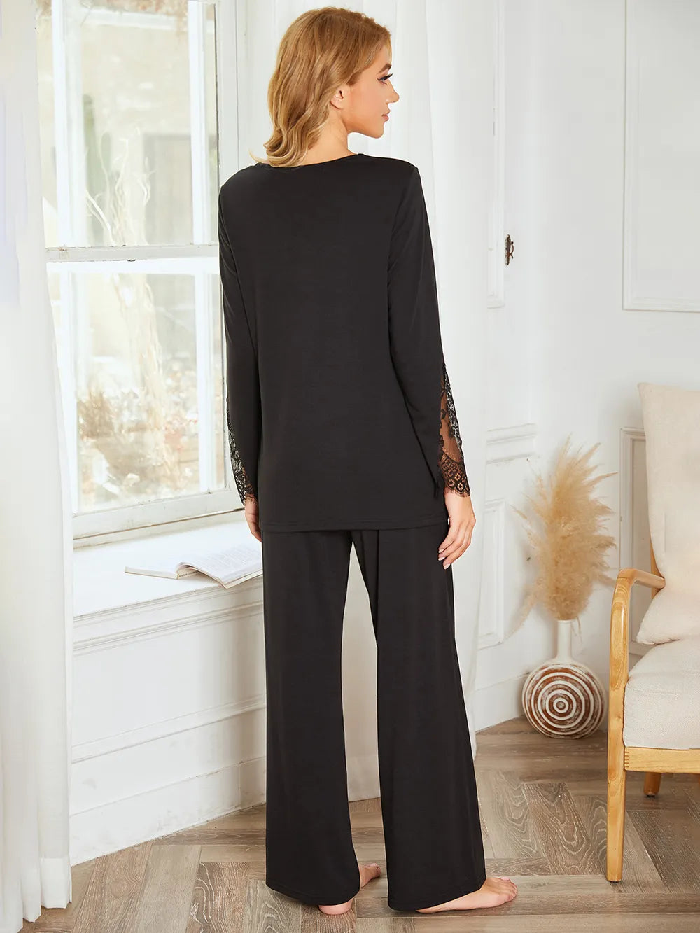 Women's sleepwear set with long sleeves and long pants two pieces of imitation cotton lace patchwork home suit set