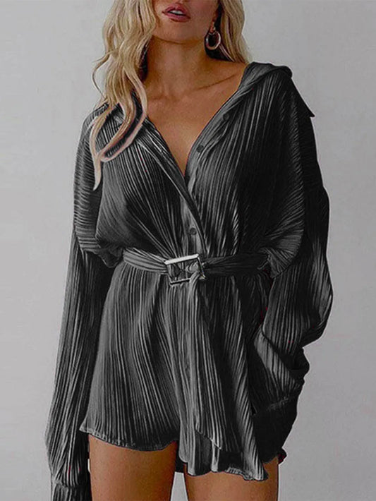 Women's new shirt collar fashionable women's elastic waist pleated long sleeved lace up dress