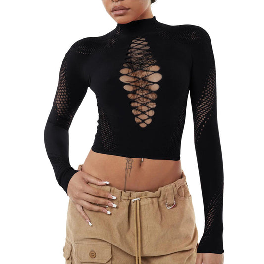 Half high neck solid color women's sexy slim fit fashionable high waisted knitted top for women ﻿