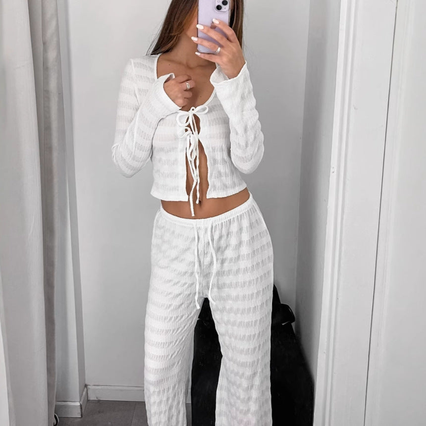 Lace up shirt wide leg pants two-piece set for women