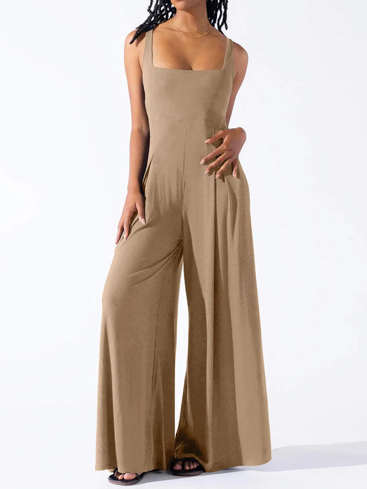 Fashionable casual knitted sexy suspender wide leg jumpsuit