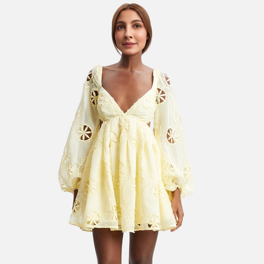 Sexy deep V-neck bubble sleeve solid color short skirt with hollowed out backless design dress for women