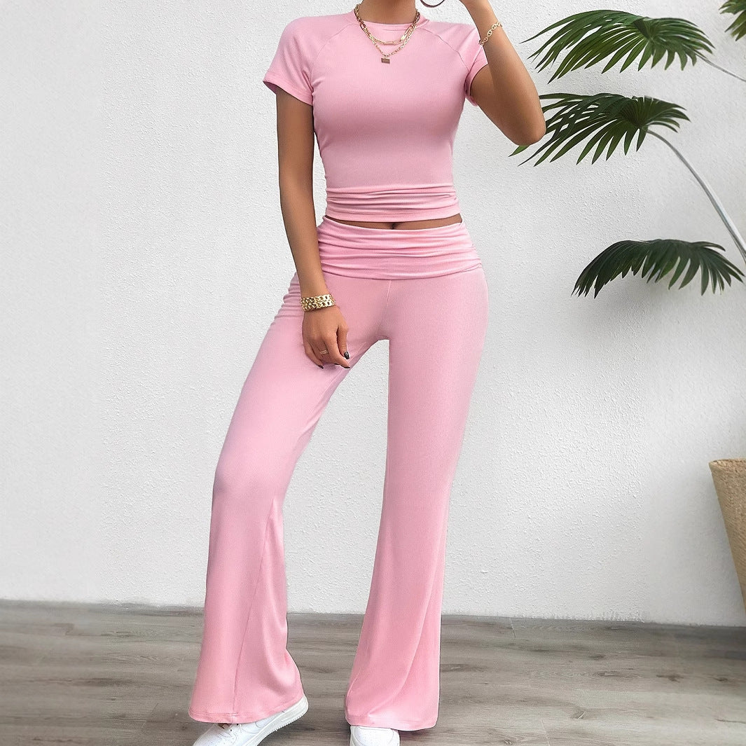 Yoga style solid color short sleeved wide leg pants set