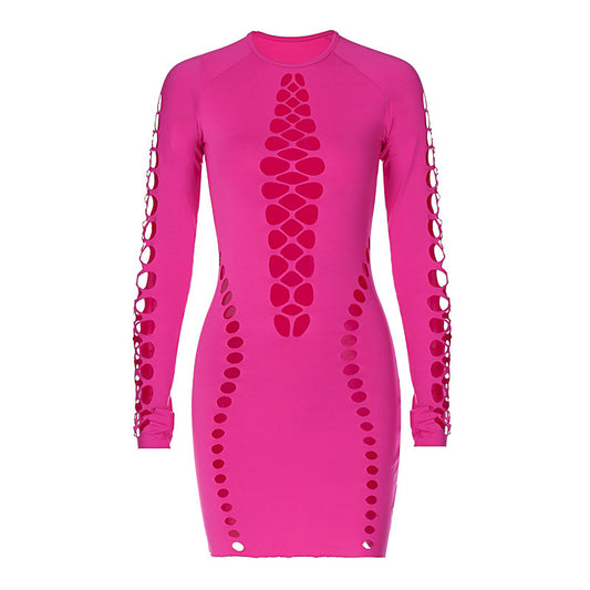Solid color sexy hollow out long sleeved round neck short fitting dress