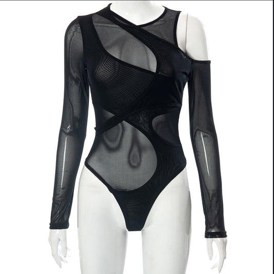 Sexy mesh see through slim fitting jumpsuit for women with hollowed out tops