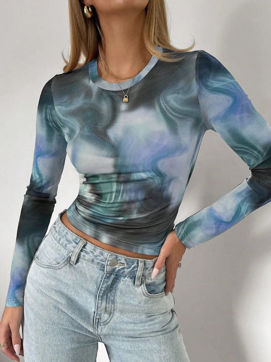 Elegant women's printed round neck mesh slim fit long sleeved top T-shirt for women