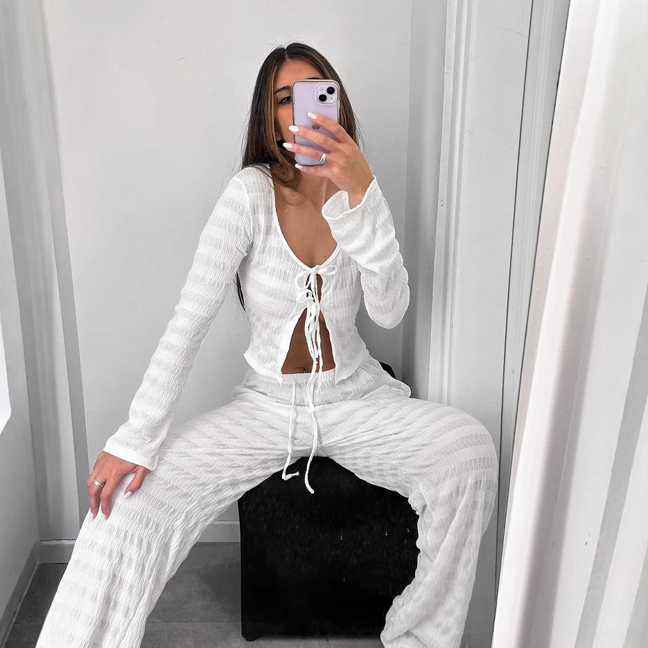 Lace up shirt wide leg pants two-piece set for women