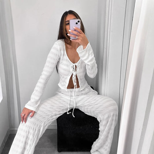 Lace up shirt wide leg pants two-piece set for women