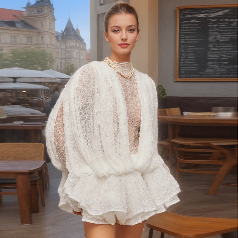 French lady style long sleeve short dress transparent mesh sexy ruffle short skirt for women