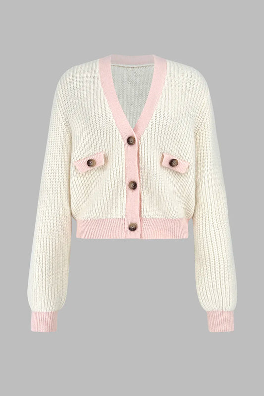 Fashionable V-neck fake pocket sweater jacket solid color cardigan
