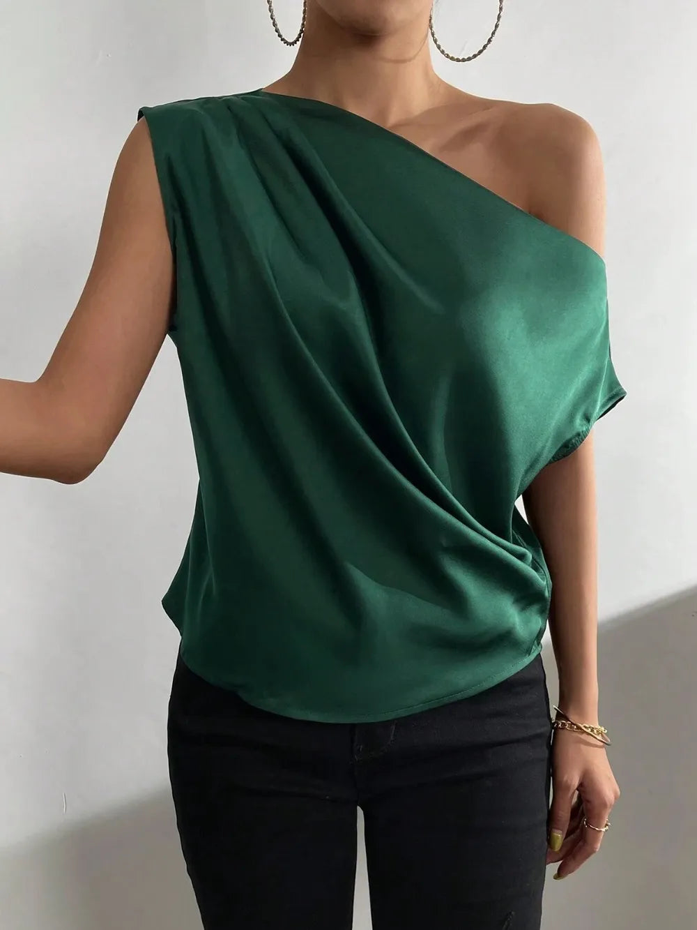 Women's Fashion Versatile Slant Neck Pinch Fold Single Shoulder Asymmetric Tank Top