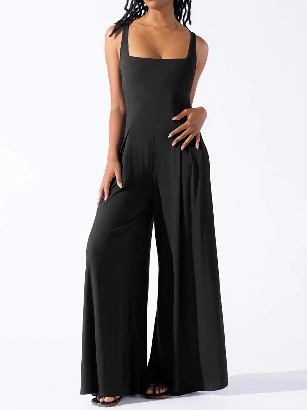 Fashionable casual knitted sexy suspender wide leg jumpsuit