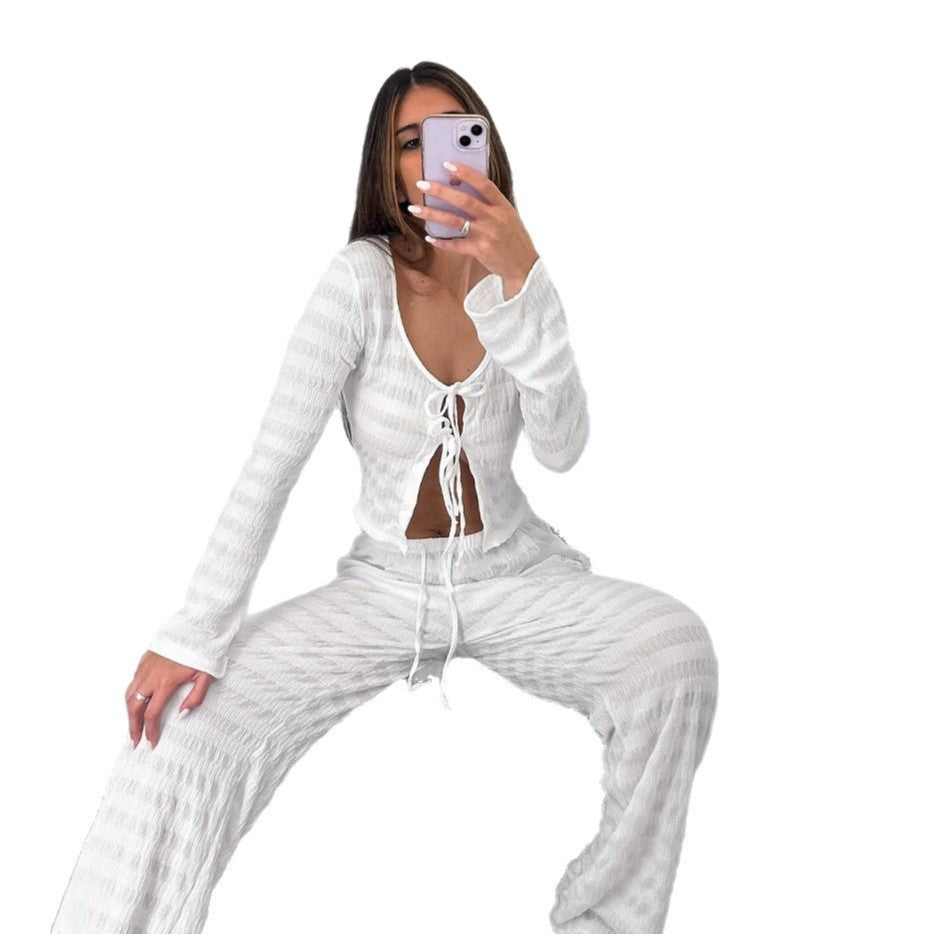 Lace up shirt wide leg pants two-piece set for women