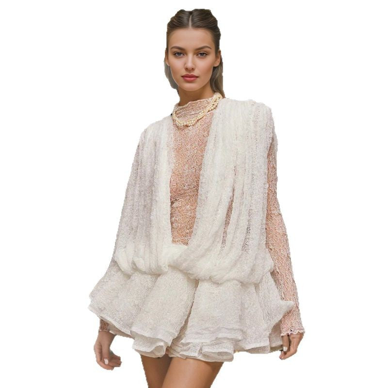 French lady style long sleeve short dress transparent mesh sexy ruffle short skirt for women