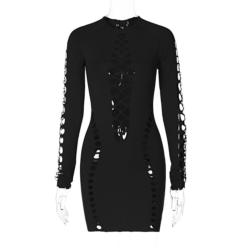Solid color sexy hollow out long sleeved round neck short fitting dress