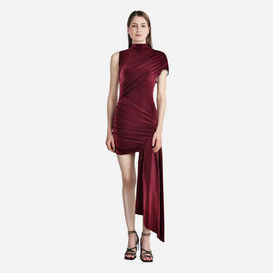 European and American slim fit ribbon dress with round neck pleats irregular hips sleeveless dress