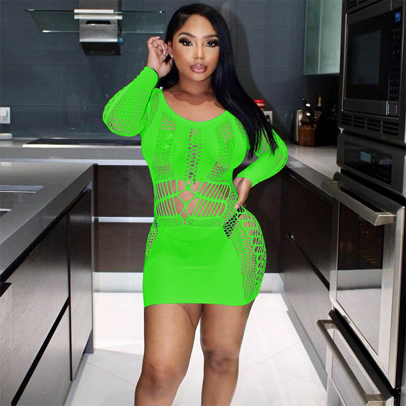 Fashionable long sleeved mesh dress sexy slim fit hip hugging dress