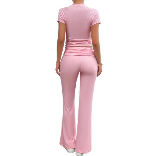 Yoga style solid color short sleeved wide leg pants set