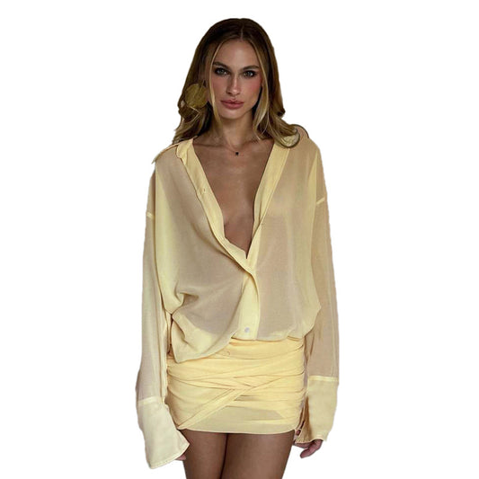 Sexy collar slim fit hip hugging strap tied shirt dress short skirt for women