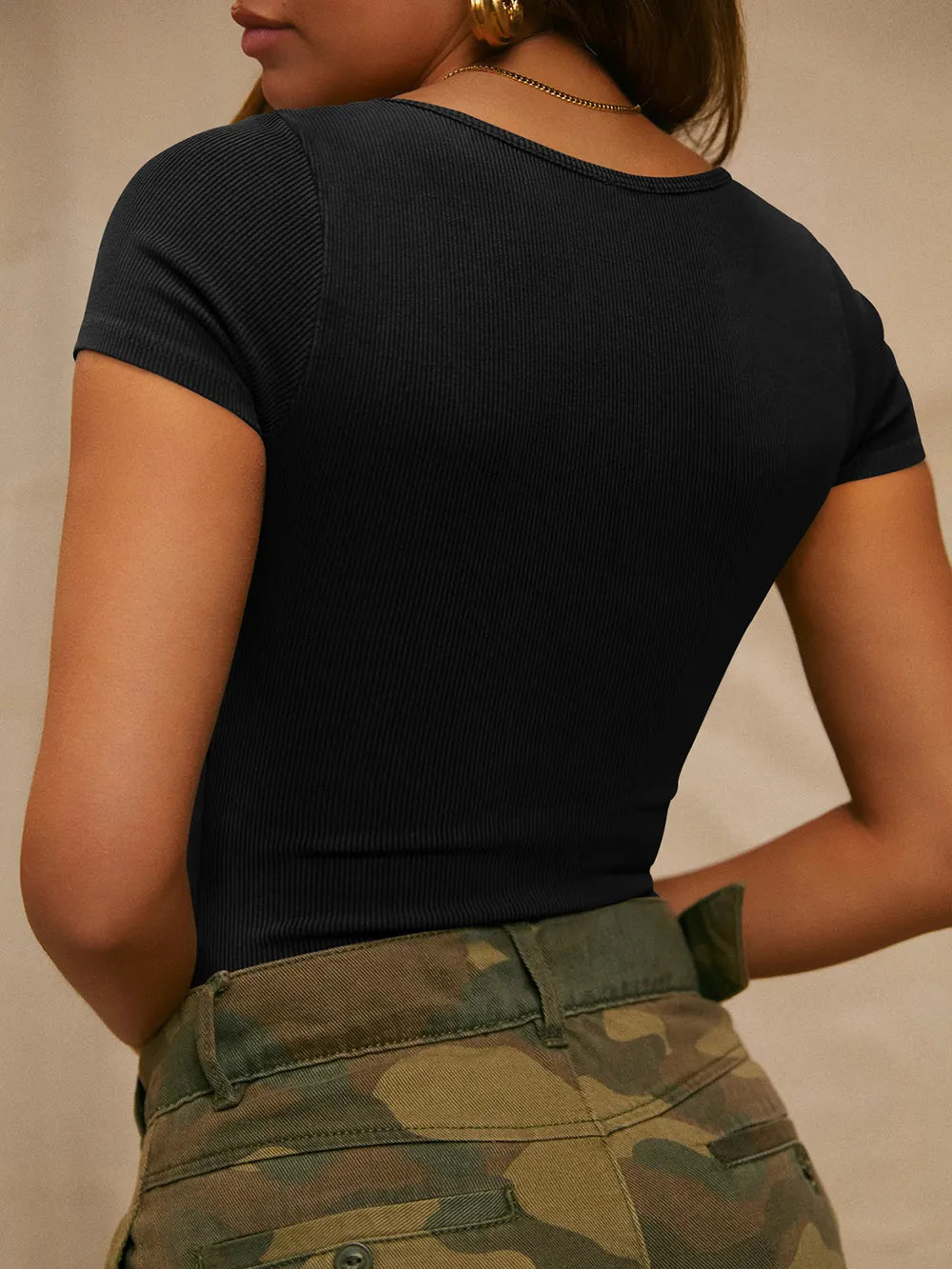 New women's solid color pit stripe cotton comfortable round neck short sleeved T-shirt for women