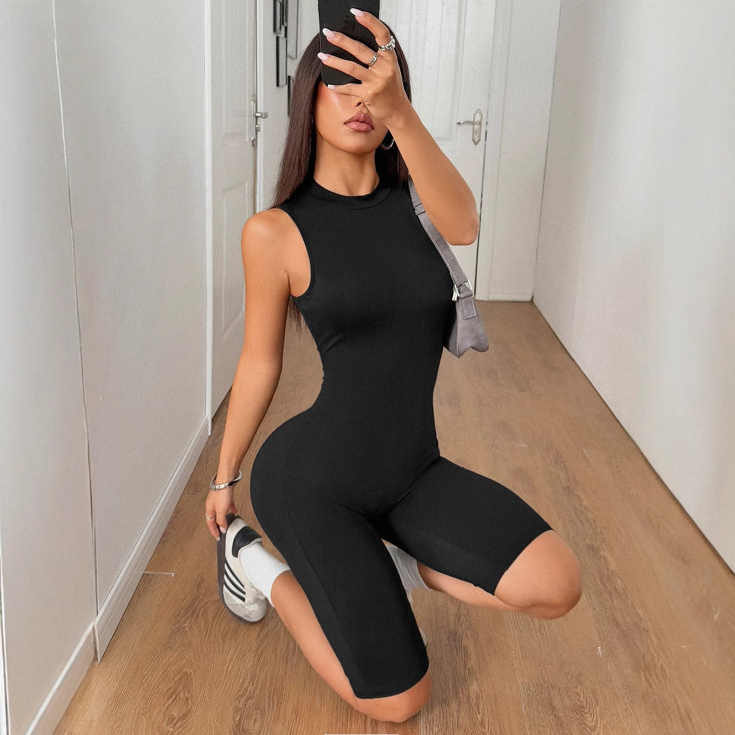 Sports style high elasticity solid color shorts jumpsuit